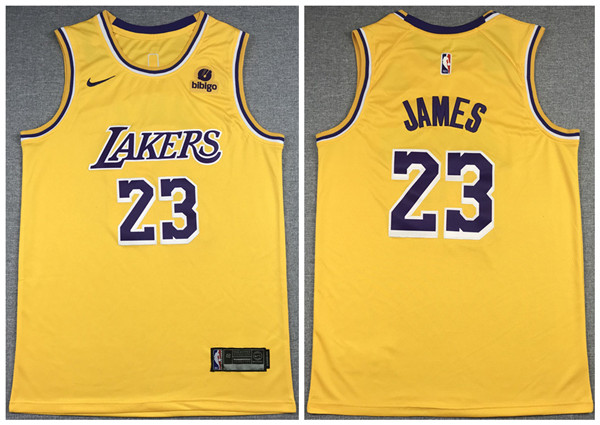 Men's Los Angeles Lakers #23 LeBron James Bibigo Yellow Stitched Basketball Jersey Men's Los Angeles Lakers #23 LeBron James Bibigo Yellow Stitched Basketball Jersey