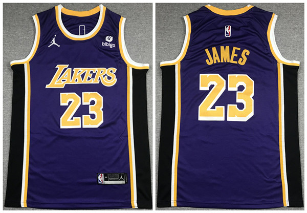 Men's Los Angeles Lakers #23 LeBron James Bibigo Purple Stitched Basketball Jersey Men's Los Angeles Lakers #23 LeBron James Bibigo Purple Stitched Basketball Jersey