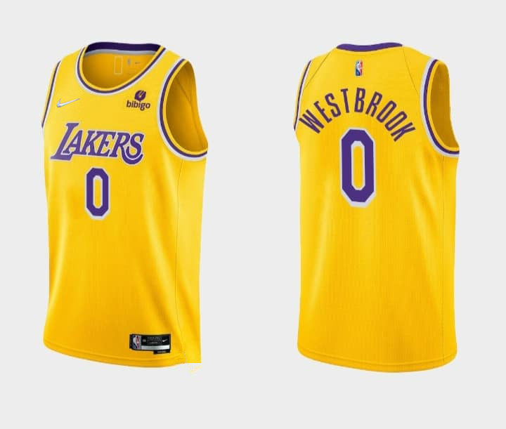 Men's Los Angeles Lakers #0 Russell Westbrook Bibigo Yellow Stitched Basketball Jersey Men's Los Angeles Lakers #0 Russell Westbrook Bibigo Yellow Stitched Basketball Jersey