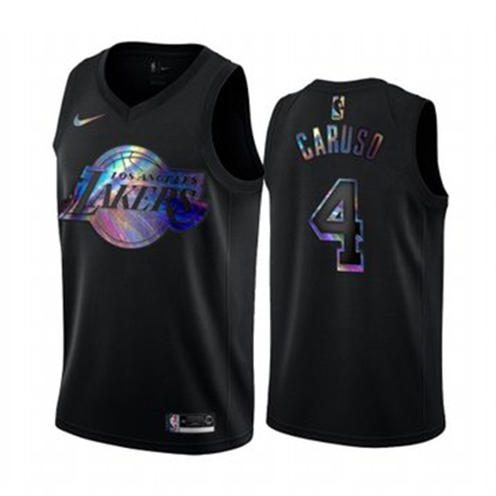 Nike Lakers #4 Alex Caruso Men's Iridescent Holographic Collection NBA Jersey - Black Nike Lakers #4 Alex Caruso Men's Iridescent Holographic Collection NBA Jersey - Black
