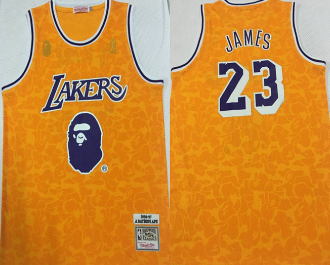 Lakers Bape 23 Lebron James Yellow 1996-97 Hardwood Classics Jersey Lakers Bape 23 Lebron James Yellow 1996-97 Hardwood Classics Jersey