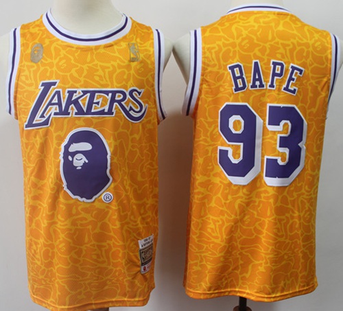 Mitchell And Ness 1996-97 A Bathing Ape Lakers #93 Bape Gold Stitched NBA Jersey Mitchell And Ness 1996-97 A Bathing Ape Lakers #93 Bape Gold Stitched NBA Jersey