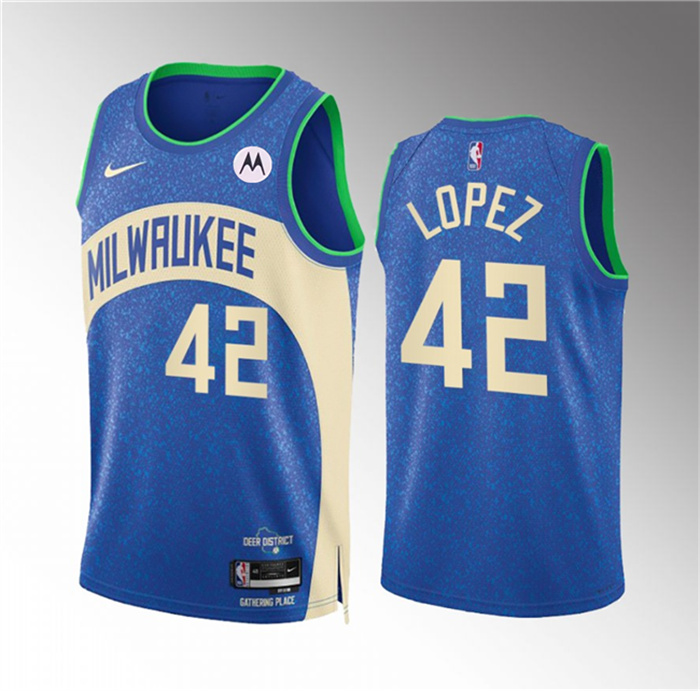 Men's Milwaukee Bucks #42 Robin Lopez 2023 24 Blue City Edition Stitched Basketball Jersey Men's Milwaukee Bucks #42 Robin Lopez 2023 24 Blue City Edition Stitched Basketball Jersey