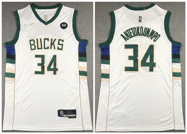 Men's Milwaukee Bucks #34 Giannis Antetokounmpo White 75th Anniversary Stitched Basketball Jersey Men's Milwaukee Bucks #34 Giannis Antetokounmpo White 75th Anniversary Stitched Basketball Jersey
