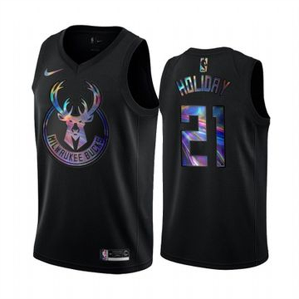 Nike Bucks #21 Jrue Holiday Men's Iridescent Holographic Collection NBA Jersey - Black Nike Bucks #21 Jrue Holiday Men's Iridescent Holographic Collection NBA Jersey - Black