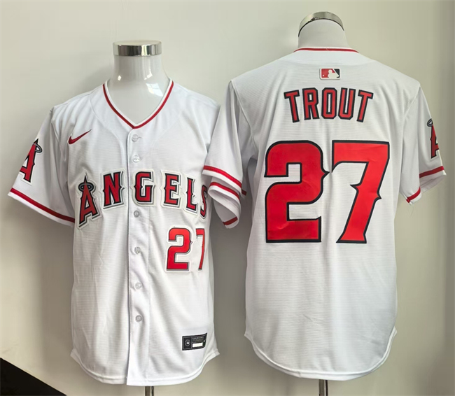Men's Los Angeles Angels #27 Mike Trout White 2024 Home Limited Stitched Baseball Jersey Men's Los Angeles Angels #27 Mike Trout White 2024 Home Limited Stitched Baseball Jersey
