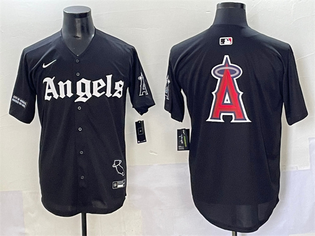 Men's Los Angeles Angels Team Big Logo Black 'Gothic Halo Edition' Vapor Limited Stitched Baseball Jersey 1 Men's Los Angeles Angels Team Big Logo Black 'Gothic Halo Edition' Vapor Limited Stitched Baseball Jersey 1