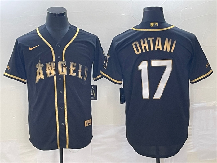 Men's Los Angeles Angels #17 Shohei Ohtani Black Gold Cool Base Stitched Baseball Jersey Men's Los Angeles Angels #17 Shohei Ohtani Black Gold Cool Base Stitched Baseball Jersey
