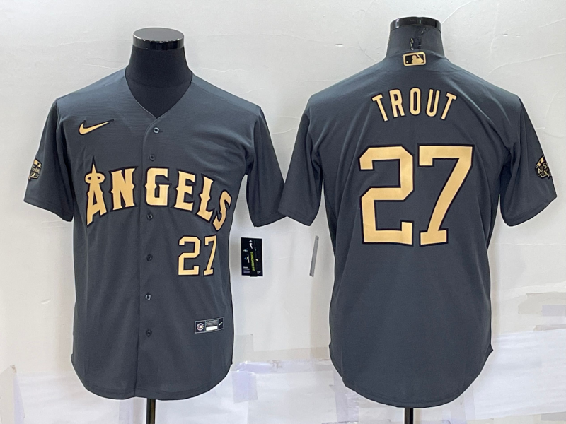 Men's Los Angeles Angels #27 Mike Trout 2022 All-Star Charcoal Cool Base Stitched Jersey Men's Los Angeles Angels #27 Mike Trout 2022 All-Star Charcoal Cool Base Stitched Jersey