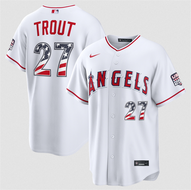 Men's Los Angeles Angels #27 Mike Trout 2026 White USA 250 Fourth of July Home Stadium Stitched Baseball Jersey