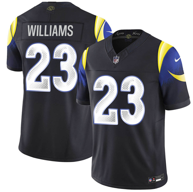 Men's Los Angeles Rams #23 Kyren Williams Black 2025 F.U.S.E. “Rivalries” Vapor Limited Stitched Football Jersey Men's Los Angeles Rams #23 Kyren Williams Black 2025 F.U.S.E. “Rivalries” Vapor Limited Stitched Football Jersey