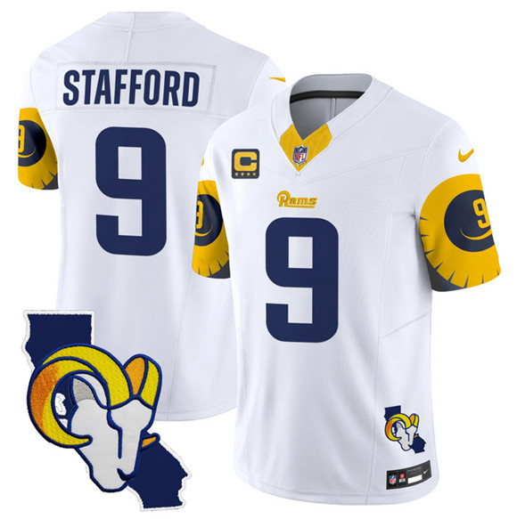 Men's Los Angeles Rams #9 Matthew Stafford White 2025 4-Star C Patch F.U.S.E. V2 Limited Stitched Football Jersey Men's Los Angeles Rams #9 Matthew Stafford White 2025 4-Star C Patch F.U.S.E. V2 Limited Stitched Football Jersey