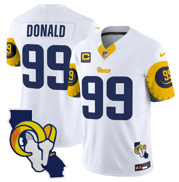 Men's Los Angeles Rams #99 Aaron Donald White 2025 4-Star C Patch F.U.S.E. V2 Limited Stitched Football Jersey Men's Los Angeles Rams #99 Aaron Donald White 2025 4-Star C Patch F.U.S.E. V2 Limited Stitched Football Jersey