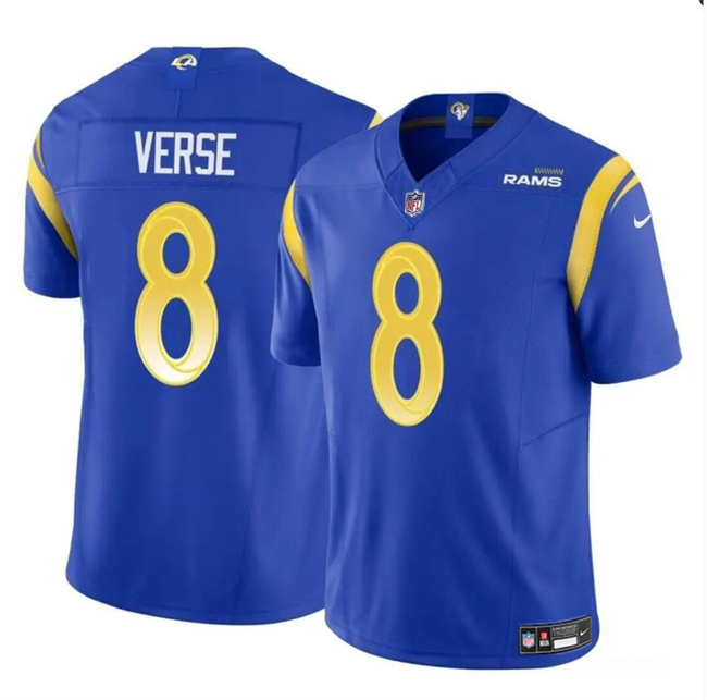 Men's Los Angeles Rams #8 Jared Verse Blue 2024 Draft F.U.S.E Vapor Untouchable Stitched Football Jersey Men's Los Angeles Rams #8 Jared Verse Blue 2024 Draft F.U.S.E Vapor Untouchable Stitched Football Jersey