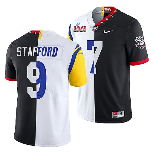 Men's Los Angeles Rams X Georgia Bulldogs #9 Matthew Stafford Black White Split Super Bowl LVI Stitched Jersey Men's Los Angeles Rams X Georgia Bulldogs #9 Matthew Stafford Black White Split Super Bowl LVI Stitched Jersey