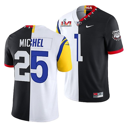 Men's Los Angeles Rams X Georgia Bulldogs #25 Sony Michel Black White Split Super Bowl LVI Stitched Jersey Men's Los Angeles Rams X Georgia Bulldogs #25 Sony Michel Black White Split Super Bowl LVI Stitched Jersey