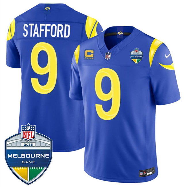 Men's Los Angeles Rams #9 Matthew Stafford Royal 2026 F.U.S.E. 4-Star C Patch And Melbourne Game Patch Vapor Limited Stitched Football Jersey Men's Los Angeles Rams #9 Matthew Stafford Royal 2026 F.U.S.E. 4-Star C Patch And Melbourne Game Patch Vapor Limited Stitched Football Jersey