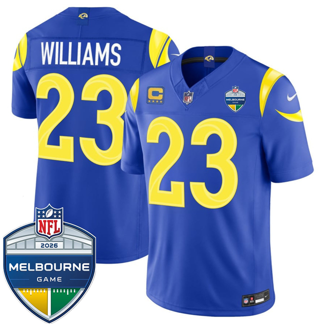 Men's Los Angeles Rams #23 Kyren Williams Royal 2026 F.U.S.E. 4-Star C Patch And Melbourne Game Patch Vapor Limited Stitched Football Jersey Men's Los Angeles Rams #23 Kyren Williams Royal 2026 F.U.S.E. 4-Star C Patch And Melbourne Game Patch Vapor Limited Stitched Football Jersey
