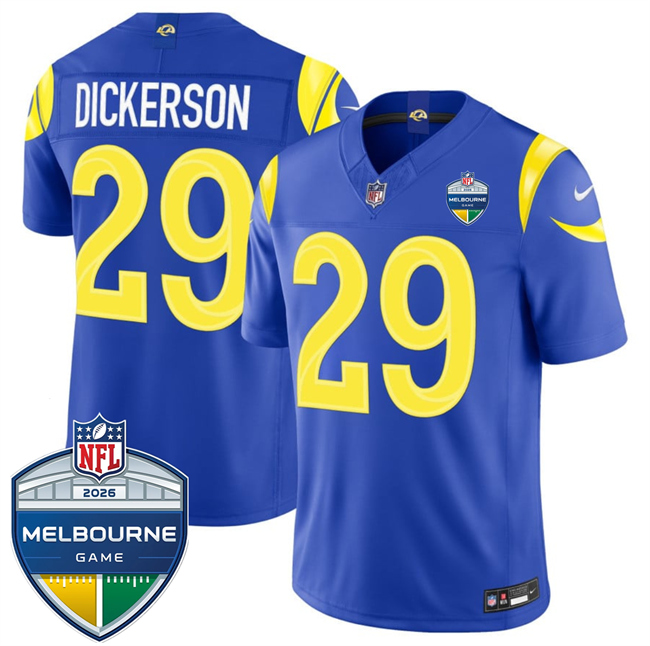 Men's Los Angeles Rams #29 Eric Dickerson Royal 2026 F.U.S.E. Melbourne Game Patch Vapor Limited Stitched Football Jersey Men's Los Angeles Rams #29 Eric Dickerson Royal 2026 F.U.S.E. Melbourne Game Patch Vapor Limited Stitched Football Jersey