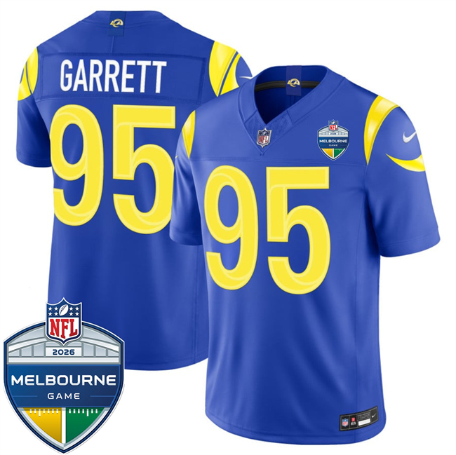 Men's Los Angeles Rams #95 Myles Garrett Royal 2026 F.U.S.E. Melbourne Game Patch Vapor Limited Stitched Football Jersey Men's Los Angeles Rams #95 Myles Garrett Royal 2026 F.U.S.E. Melbourne Game Patch Vapor Limited Stitched Football Jersey