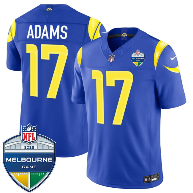Men's Los Angeles Rams #17 Davante Adams Royal 2026 F.U.S.E. Melbourne Game Patch Vapor Limited Stitched Football Jersey Men's Los Angeles Rams #17 Davante Adams Royal 2026 F.U.S.E. Melbourne Game Patch Vapor Limited Stitched Football Jersey