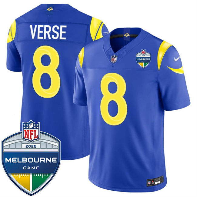 Men's Los Angeles Rams #8 Jared Verse Royal 2026 F.U.S.E. Melbourne Game Patch Vapor Limited Stitched Football Jersey Men's Los Angeles Rams #8 Jared Verse Royal 2026 F.U.S.E. Melbourne Game Patch Vapor Limited Stitched Football Jersey