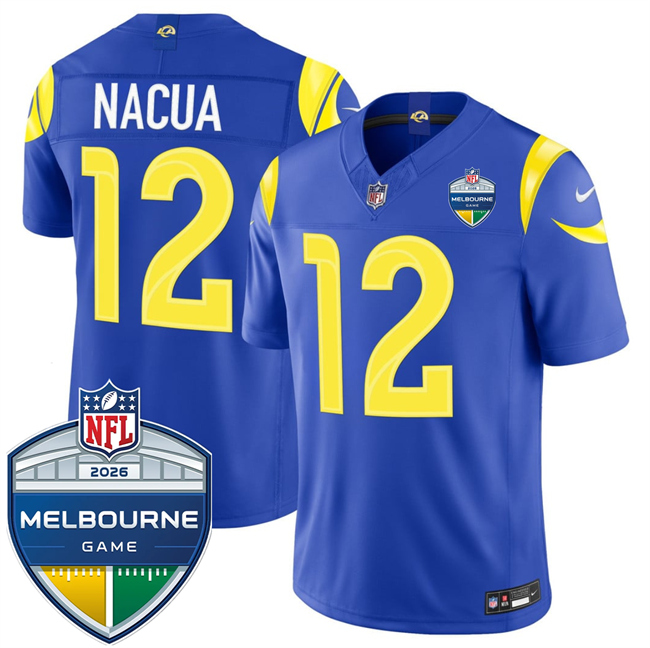 Men's Los Angeles Rams #12 Puka Nacua Royal 2026 F.U.S.E. Melbourne Game Patch Vapor Limited Stitched Football Jersey Men's Los Angeles Rams #12 Puka Nacua Royal 2026 F.U.S.E. Melbourne Game Patch Vapor Limited Stitched Football Jersey