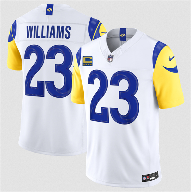 Men's Los Angeles Rams #23 Kyren Williams White 2026 F.U.S.E. 4-Star C Patch Vapor Limited Stitched Football Jersey Men's Los Angeles Rams #23 Kyren Williams White 2026 F.U.S.E. 4-Star C Patch Vapor Limited Stitched Football Jersey