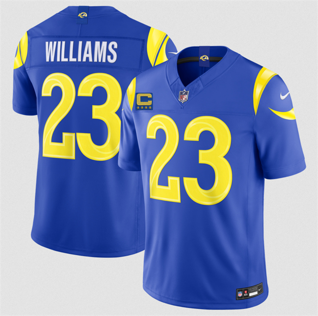 Men's Los Angeles Rams #23 Kyren Williams Royal 2026 F.U.S.E. 4-Star C Patch Vapor Limited Stitched Football Jersey Men's Los Angeles Rams #23 Kyren Williams Royal 2026 F.U.S.E. 4-Star C Patch Vapor Limited Stitched Football Jersey