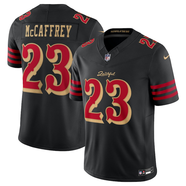 Women's San Francisco 49ers #23 Christian McCaffrey Black 2025 F.U.S.E. “Rivalries” Vapor Limited Stitched Football Jersey(Run Small) Women's San Francisco 49ers #23 Christian McCaffrey Black 2025 F.U.S.E. “Rivalries” Vapor Limited Stitched Football Jersey(Run Small)