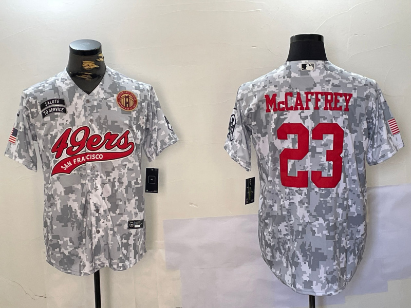 Men's San Francisco 49ers #23 Christian McCaffrey 2024 Arctic Camo Salute To Service Stitched Baseball Jersey 2 Men's San Francisco 49ers #23 Christian McCaffrey 2024 Arctic Camo Salute To Service Stitched Baseball Jersey 2