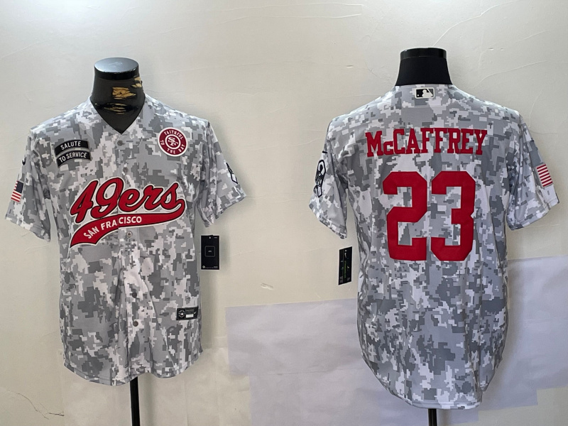 Men's San Francisco 49ers #23 Christian McCaffrey 2024 Arctic Camo Salute To Service Stitched Baseball Jersey 1 Men's San Francisco 49ers #23 Christian McCaffrey 2024 Arctic Camo Salute To Service Stitched Baseball Jersey 1