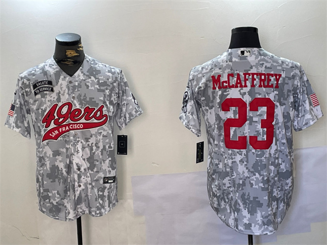 Men's San Francisco 49ers #23 Christian McCaffrey 2024 Arctic Camo Salute To Service Stitched Baseball Jersey Men's San Francisco 49ers #23 Christian McCaffrey 2024 Arctic Camo Salute To Service Stitched Baseball Jersey