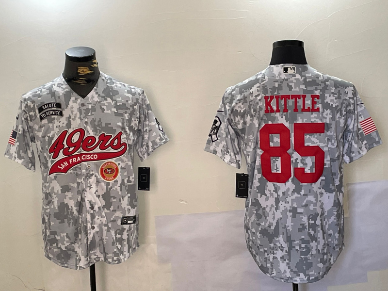 Men's San Francisco 49ers #85 George Kittle 2024 Arctic Camo Salute To Service Stitched Baseball Jersey 5 Men's San Francisco 49ers #85 George Kittle 2024 Arctic Camo Salute To Service Stitched Baseball Jersey 5