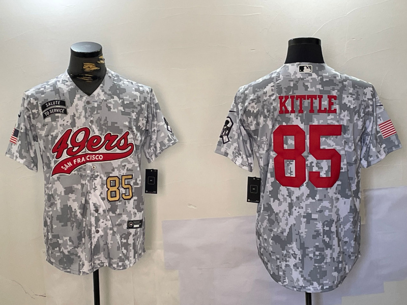 Men's San Francisco 49ers #85 George Kittle 2024 Arctic Camo Salute To Service Stitched Baseball Jersey 3 Men's San Francisco 49ers #85 George Kittle 2024 Arctic Camo Salute To Service Stitched Baseball Jersey 3