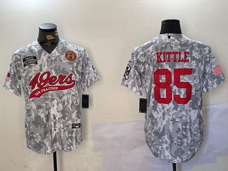 Men's San Francisco 49ers #85 George Kittle 2024 Arctic Camo Salute To Service Stitched Baseball Jersey 2 Men's San Francisco 49ers #85 George Kittle 2024 Arctic Camo Salute To Service Stitched Baseball Jersey 2