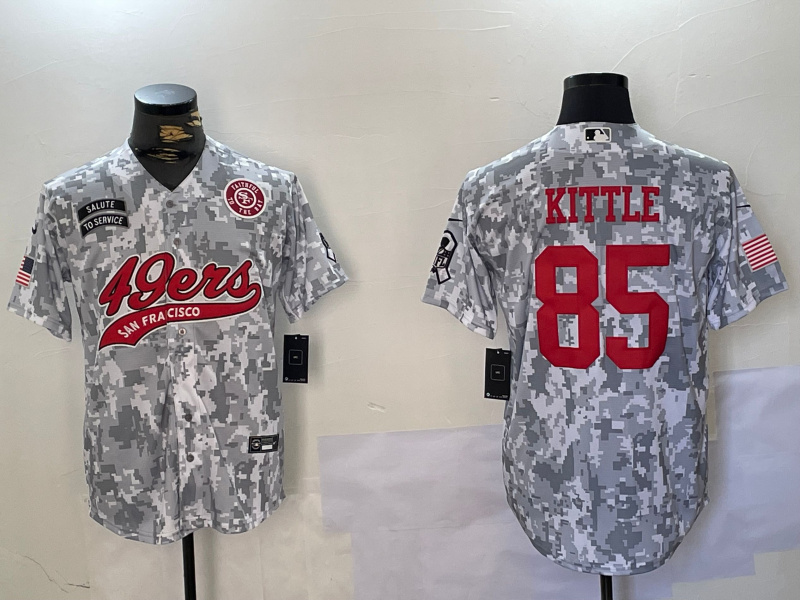 Men's San Francisco 49ers #85 George Kittle 2024 Arctic Camo Salute To Service Stitched Baseball Jersey 1 Men's San Francisco 49ers #85 George Kittle 2024 Arctic Camo Salute To Service Stitched Baseball Jersey 1