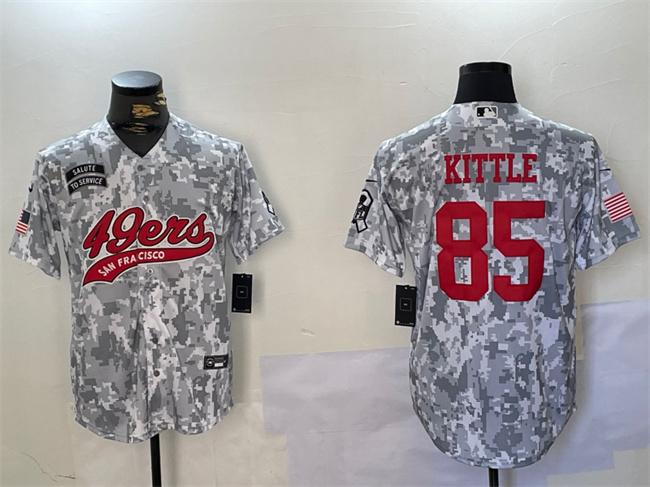 Men's San Francisco 49ers #85 George Kittle 2024 Arctic Camo Salute To Service Stitched Baseball Jersey Men's San Francisco 49ers #85 George Kittle 2024 Arctic Camo Salute To Service Stitched Baseball Jersey