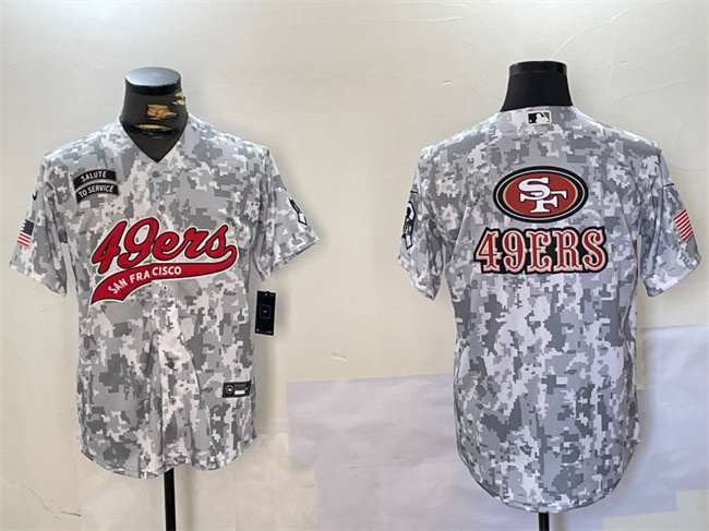 Men's San Francisco 49ers Team Big Logo 2024 Arctic Camo Salute To Service Stitched Baseball Jersey 2 Men's San Francisco 49ers Team Big Logo 2024 Arctic Camo Salute To Service Stitched Baseball Jersey 2