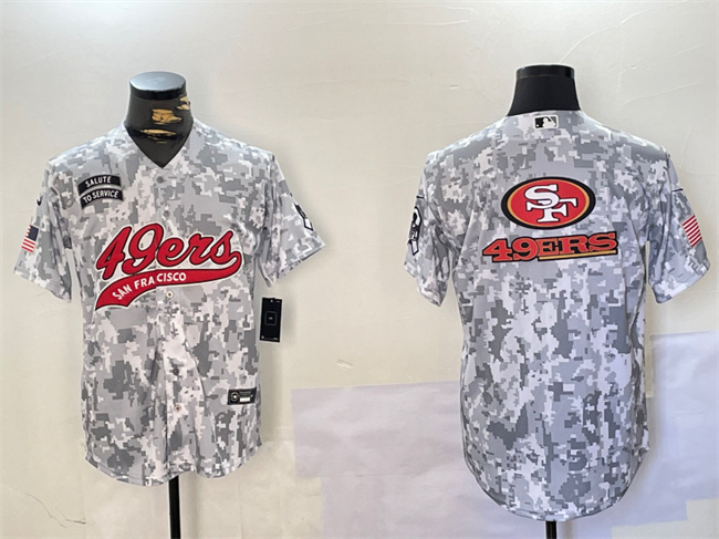 Men's San Francisco 49ers Team Big Logo 2024 Arctic Camo Salute To Service Stitched Baseball Jersey 1 Men's San Francisco 49ers Team Big Logo 2024 Arctic Camo Salute To Service Stitched Baseball Jersey 1