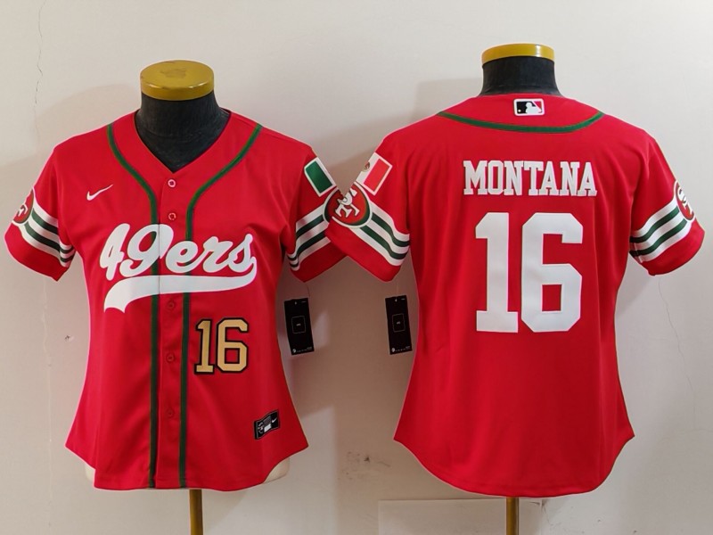 Women's San Francisco 49ers #16 Joe Montana Red Mexico With Patch Cool Base Stitched Baseball Jersey(Run Small) 3 Women's San Francisco 49ers #16 Joe Montana Red Mexico With Patch Cool Base Stitched Baseball Jersey(Run Small) 3