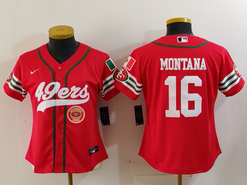 Women's San Francisco 49ers #16 Joe Montana Red Mexico With Patch Cool Base Stitched Baseball Jersey(Run Small) 1 Women's San Francisco 49ers #16 Joe Montana Red Mexico With Patch Cool Base Stitched Baseball Jersey(Run Small) 1
