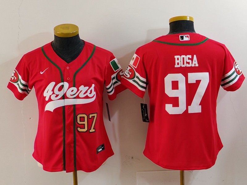 Women's San Francisco 49ers #97 Nick Bosa Red Mexico With Patch Cool Base Stitched Baseball Jersey(Run Small) Women's San Francisco 49ers #97 Nick Bosa Red Mexico With Patch Cool Base Stitched Baseball Jersey(Run Small)