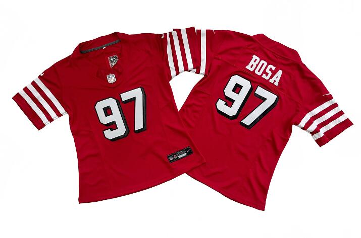Women's San Francisco 49ers #97 Nick Bosa New Red 2023 F.U.S.E. Stitched Football Jersey(Run Small) Women's San Francisco 49ers #97 Nick Bosa New Red 2023 F.U.S.E. Stitched Football Jersey(Run Small)