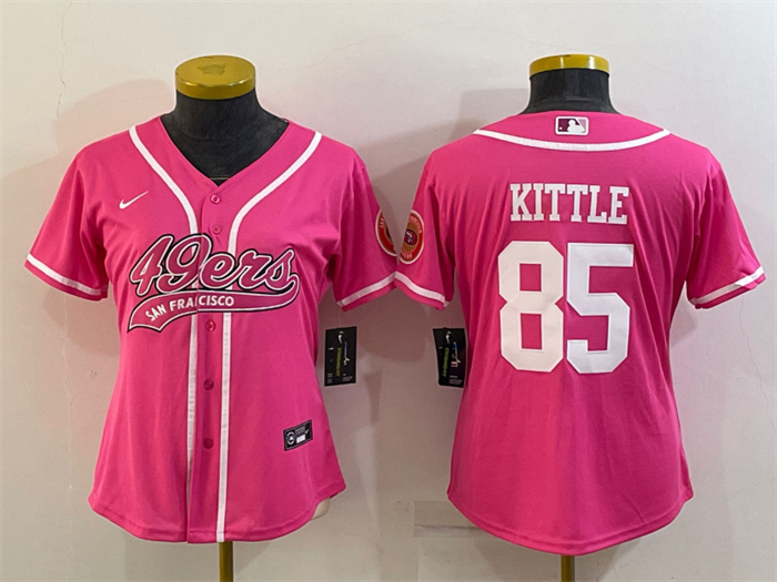 Women's San Francisco 49ers #85 George Kittle Pink With Patch Cool Base Stitched Baseball Jersey(Run Small) Women's San Francisco 49ers #85 George Kittle Pink With Patch Cool Base Stitched Baseball Jersey(Run Small)