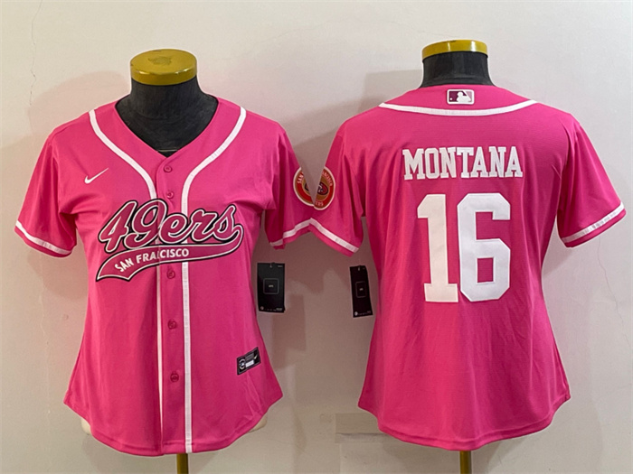 Women's San Francisco 49ers #16 Joe Montana Pink With Patch Cool Base Stitched Baseball Jersey(Run Small) Women's San Francisco 49ers #16 Joe Montana Pink With Patch Cool Base Stitched Baseball Jersey(Run Small)