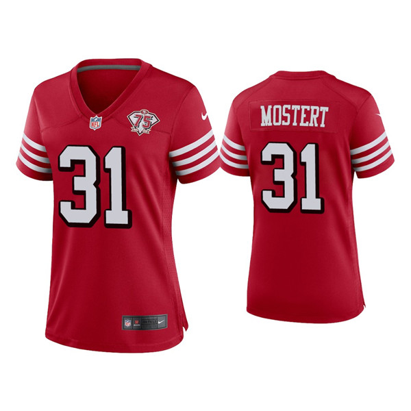 Women 49ers #31 Raheem Mostert 75th Anniversary Alternate Scarlet Jersey Women 49ers #31 Raheem Mostert 75th Anniversary Alternate Scarlet Jersey
