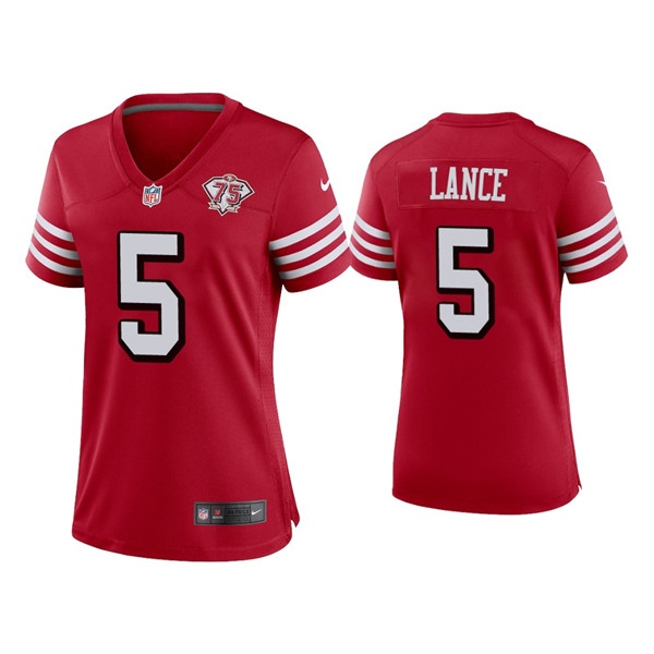 Women 49ers #5 Trey Lance 75th Anniversary Alternate Scarlet Jersey Women 49ers #5 Trey Lance 75th Anniversary Alternate Scarlet Jersey