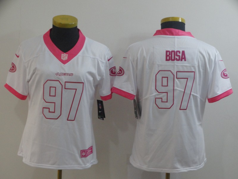 Women Nike 49ers 97 Nick Bosa White Pink Women Rush Limited Jersey Women Nike 49ers 97 Nick Bosa White Pink Women Rush Limited Jersey