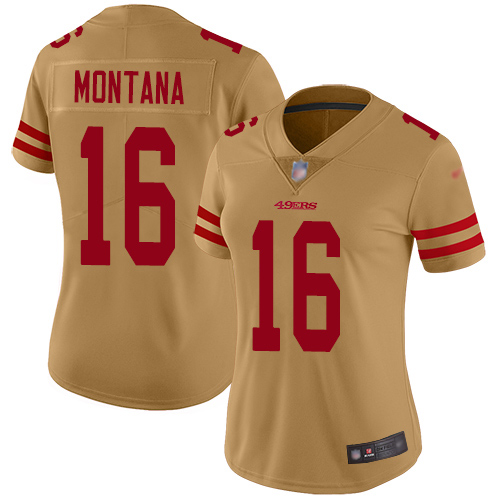 49ers #16 Joe Montana Gold Women's Stitched Football Limited Inverted Legend Jersey 49ers #16 Joe Montana Gold Women's Stitched Football Limited Inverted Legend Jersey